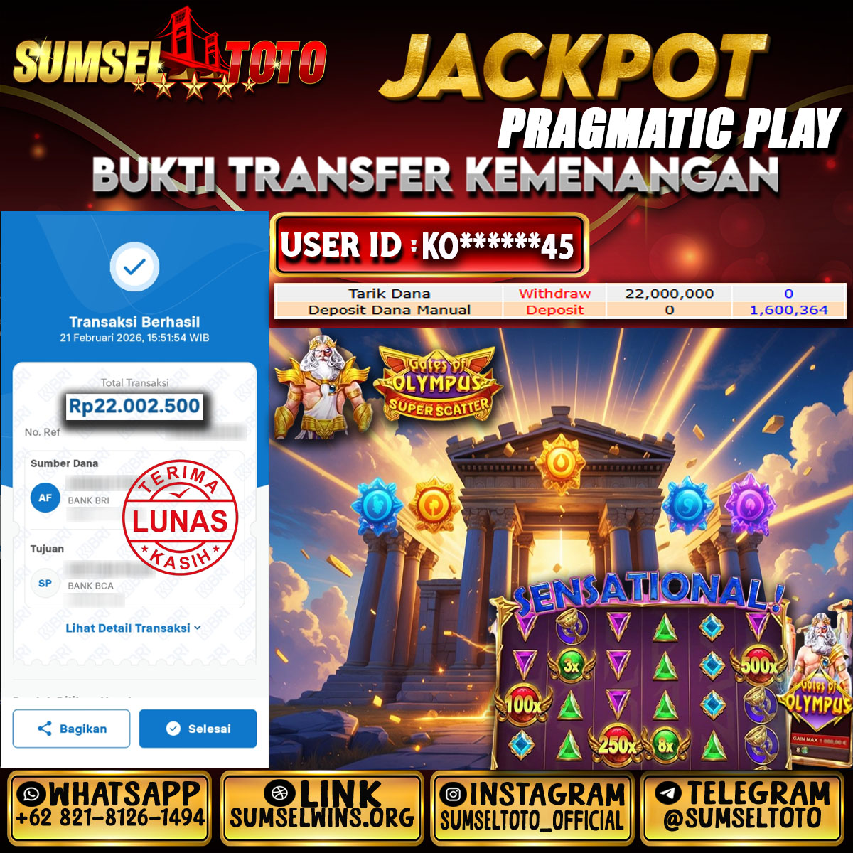 SUMSELTOTO JACKPOT GATES OF OLYMPUS SUPER SCATER Rp.22,000,000.,- LUNAS
